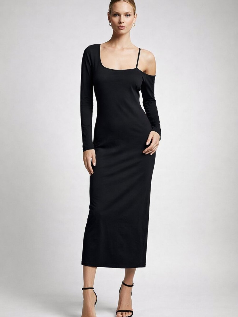 Helmut Lang Black Asymmetric One Shoulder Long Sleeve Midi Dress Medium/Large